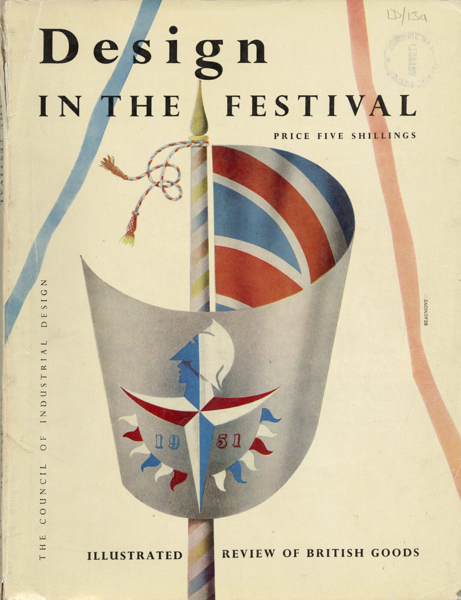 Cover of Design in the Festival magazine showing a flagpole design with British flag and Festival of Britain logo, 1951