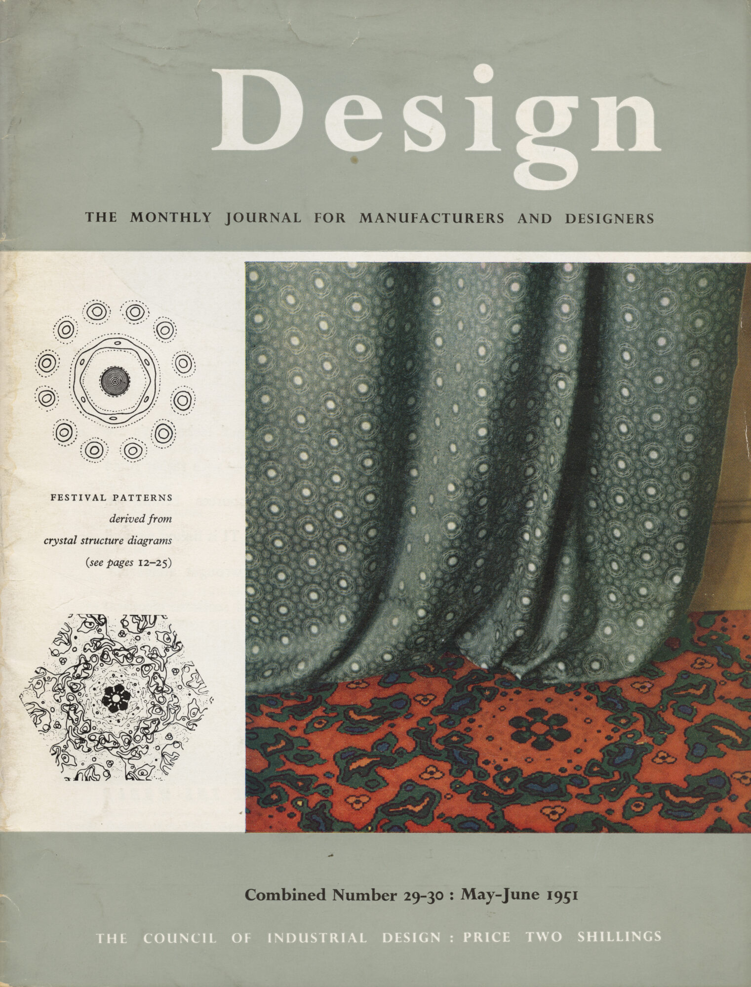 Front cover of 'Design' magazine, Combined Number 29-30 May-June 1951, showing grey and red based curtain fabrics printed with design inspired by crystal structure diagram