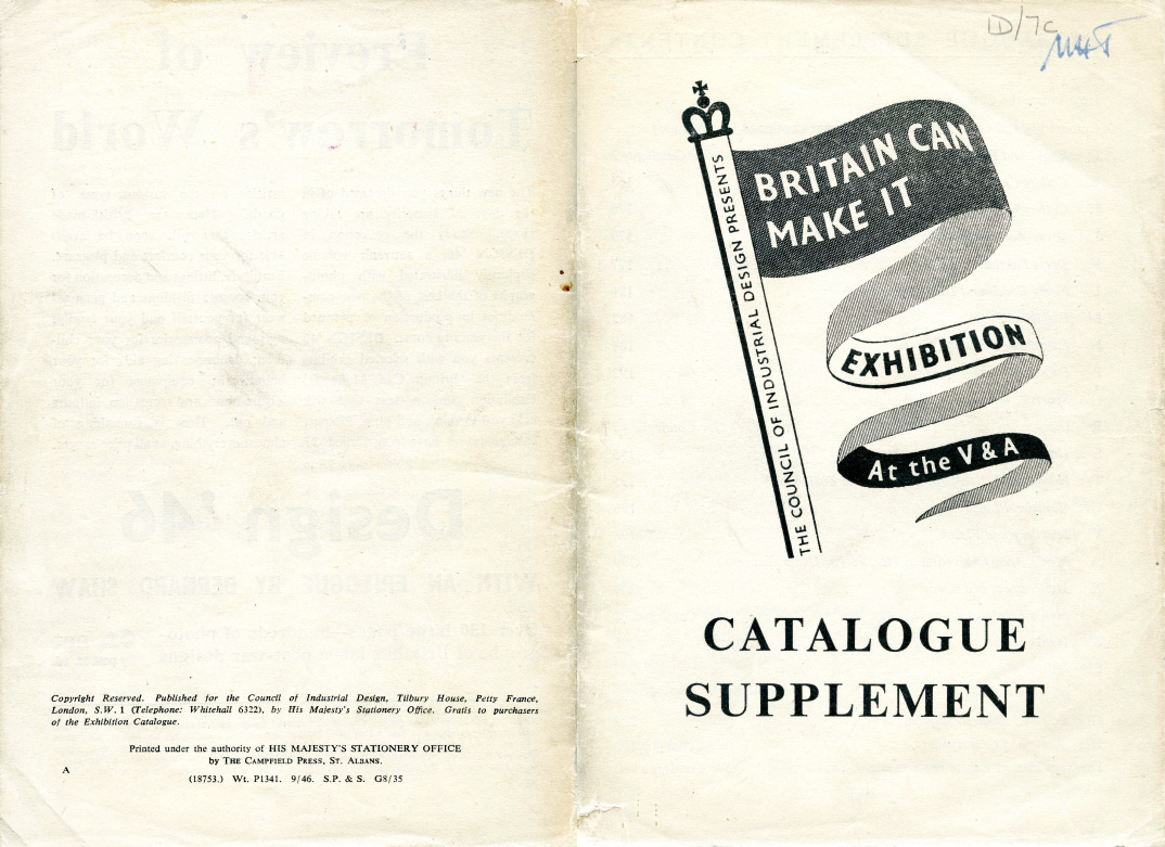 Britain Can Make It exhibition catalogue supplement depicting a black and white flag design on a pole on the front cover