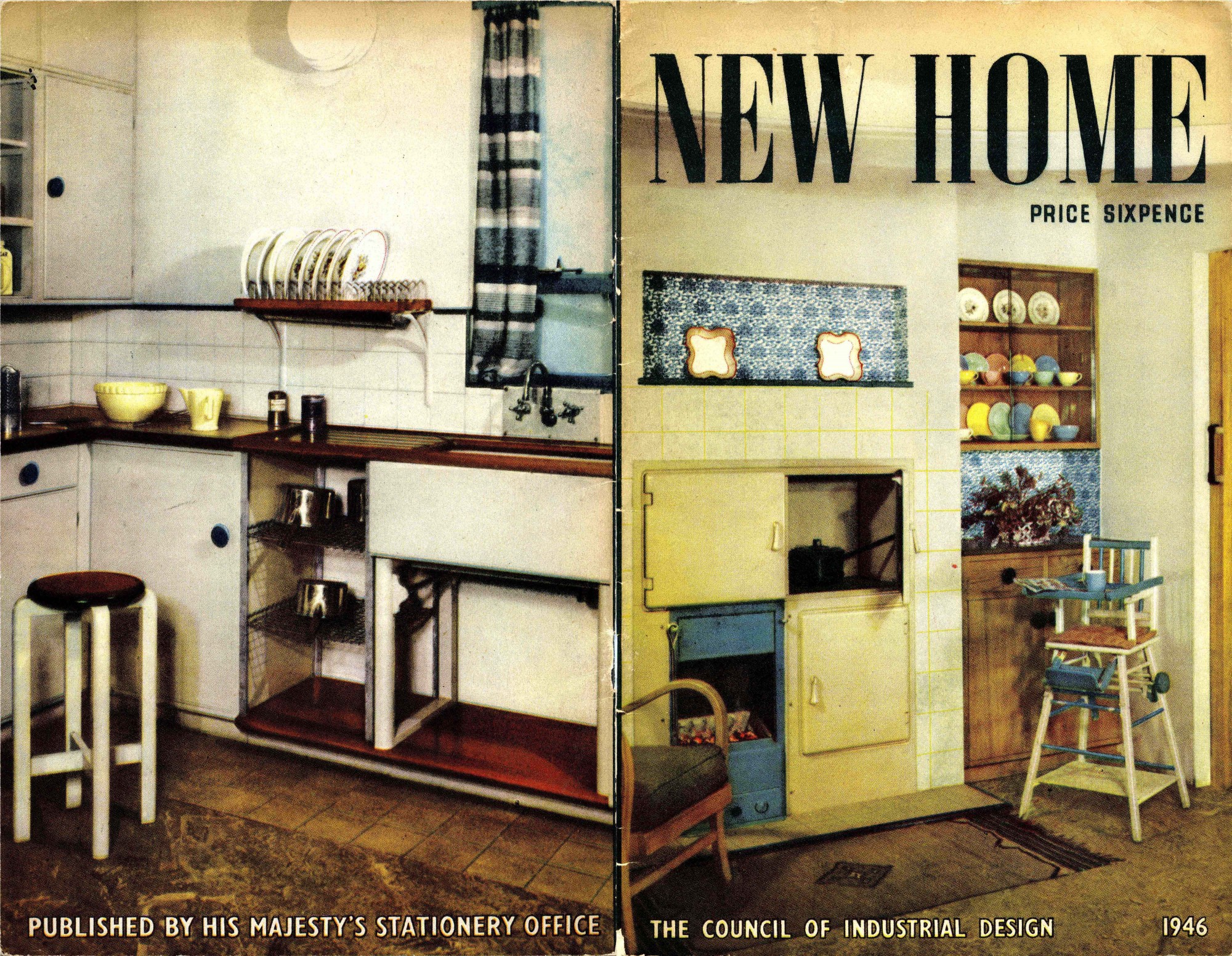 Image showing the front and back cover of New Home magazine (1946) depicting a colour image of a living room setting in the front cover, and a kitchen setting on the back cover