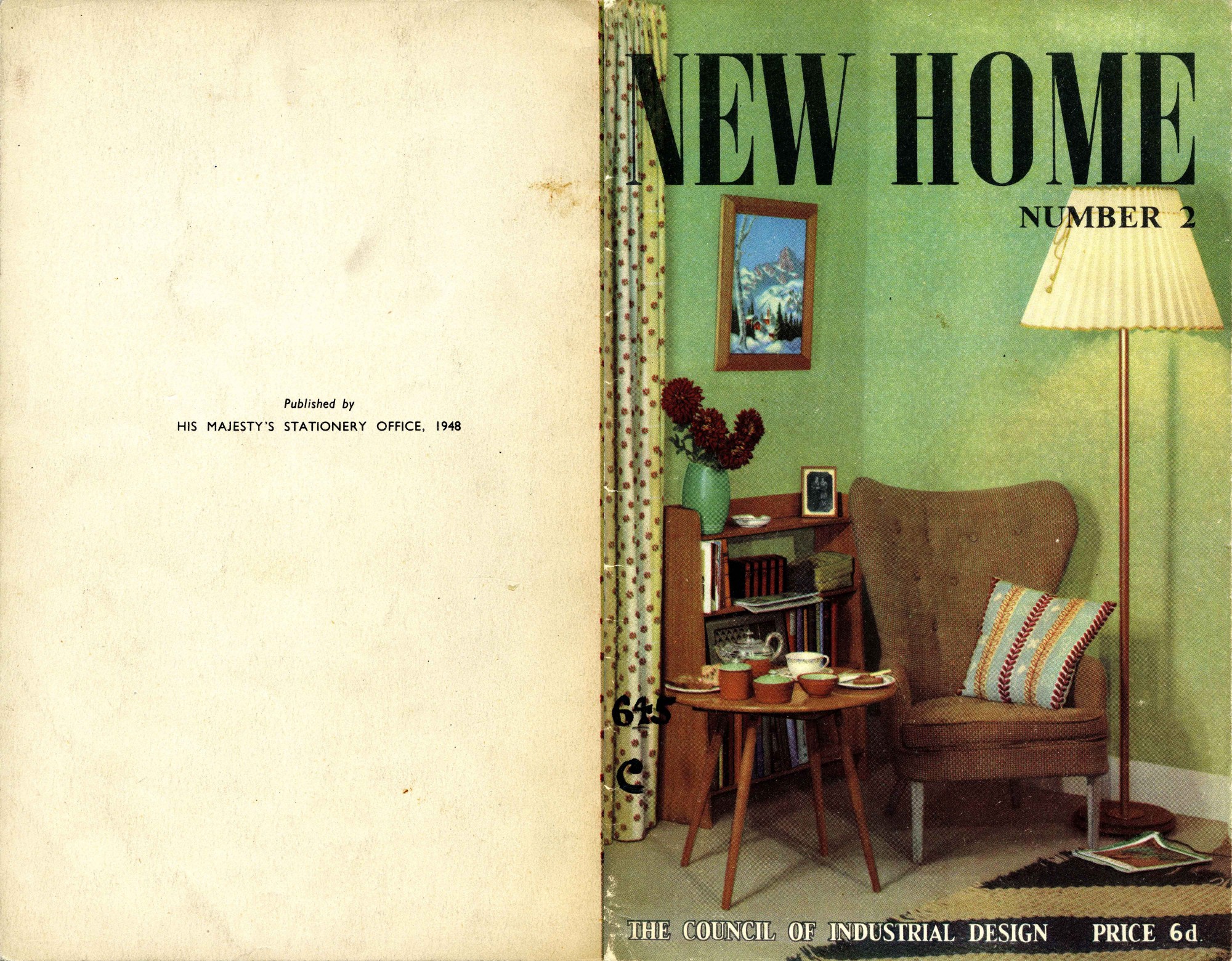 Image showing the front and back cover of New Home magazine number 2, showing a colour image of an armchair with a tea set, book shelf and floor lamp