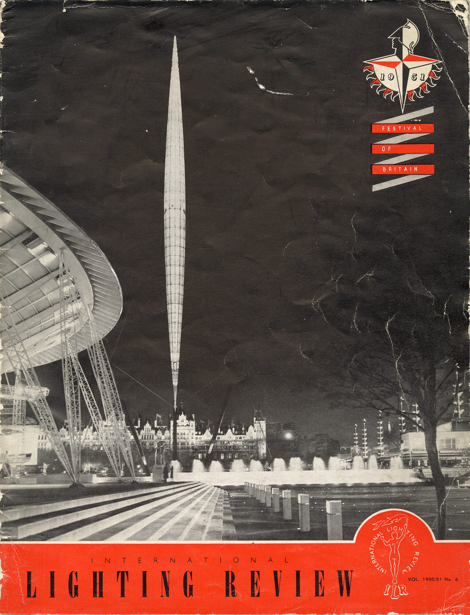Front cover of The International Lighting Review Vol. 1950/51 No.6 showing a black and white photograph of the Festival of Britain pylon at night