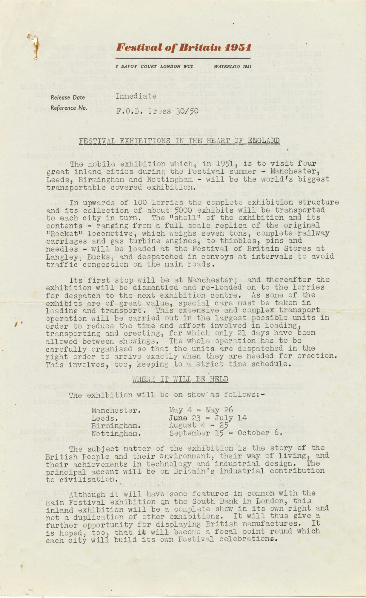 Page one of typed text on white paper of the Britain Can Make It travelling exhibition press release from 1951