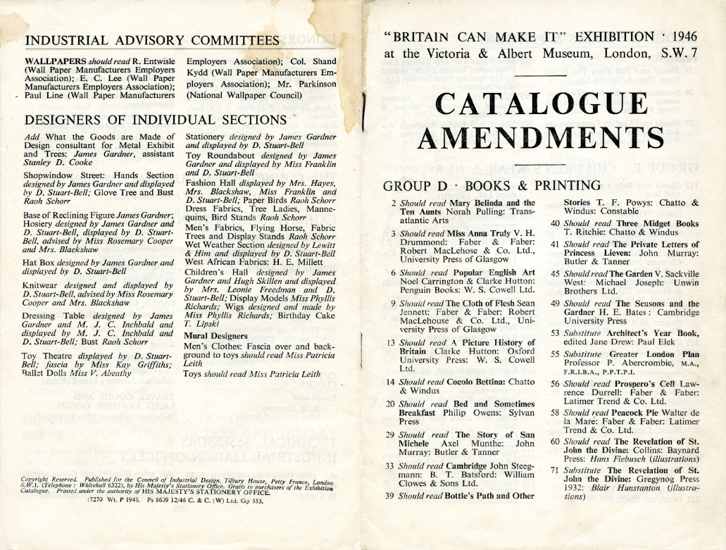 Britain Can Make It exhibition catalogue amendments booklet (1946) showing black printed text of amendments on white paper
