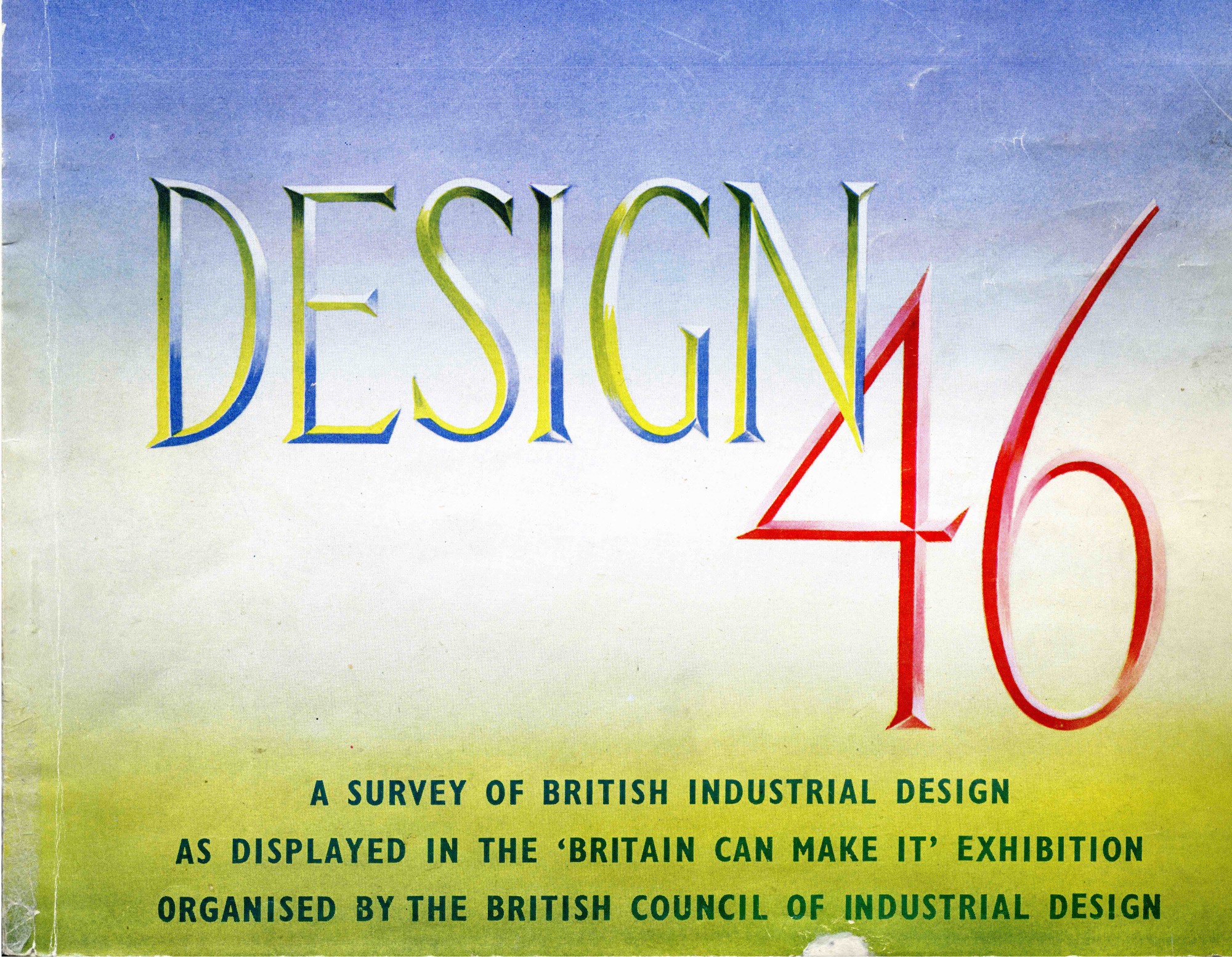 A cropped version of a green and blue printed front cover of 'Design 46'